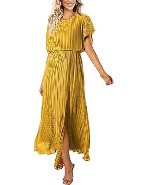 ECOWISH Womens Summer Maxi Dresses: Crew Neck Ruffle Cocktail Dress Sexy Pleated Slit Long Sundre... | Amazon (US)