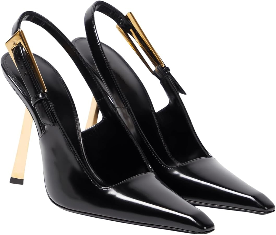 Slingback Heels For Women Square Pointed Toe Metal Buckle Pumps Patent Leather Stiletto High Heel... | Amazon (US)