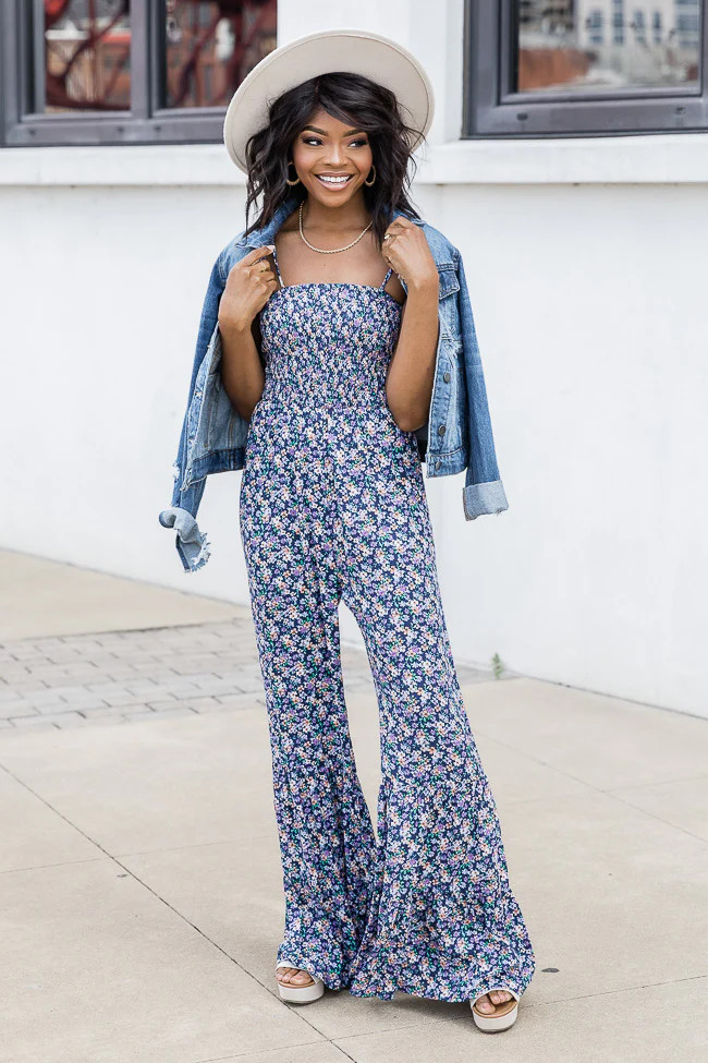 Aware Of This Navy Floral Flare Leg Jumpsuit FINAL SALE | Pink Lily