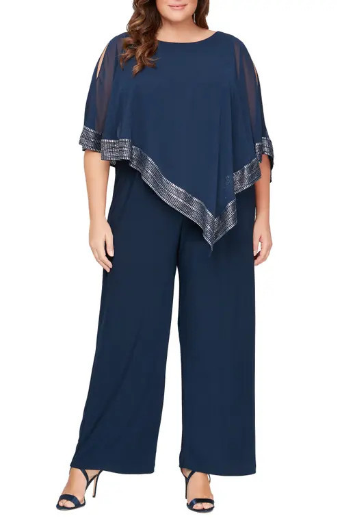SL FASHIONS Foil Trim Asymmetric Popover Jumpsuit in Navy at Nordstrom, Size 16W | Nordstrom
