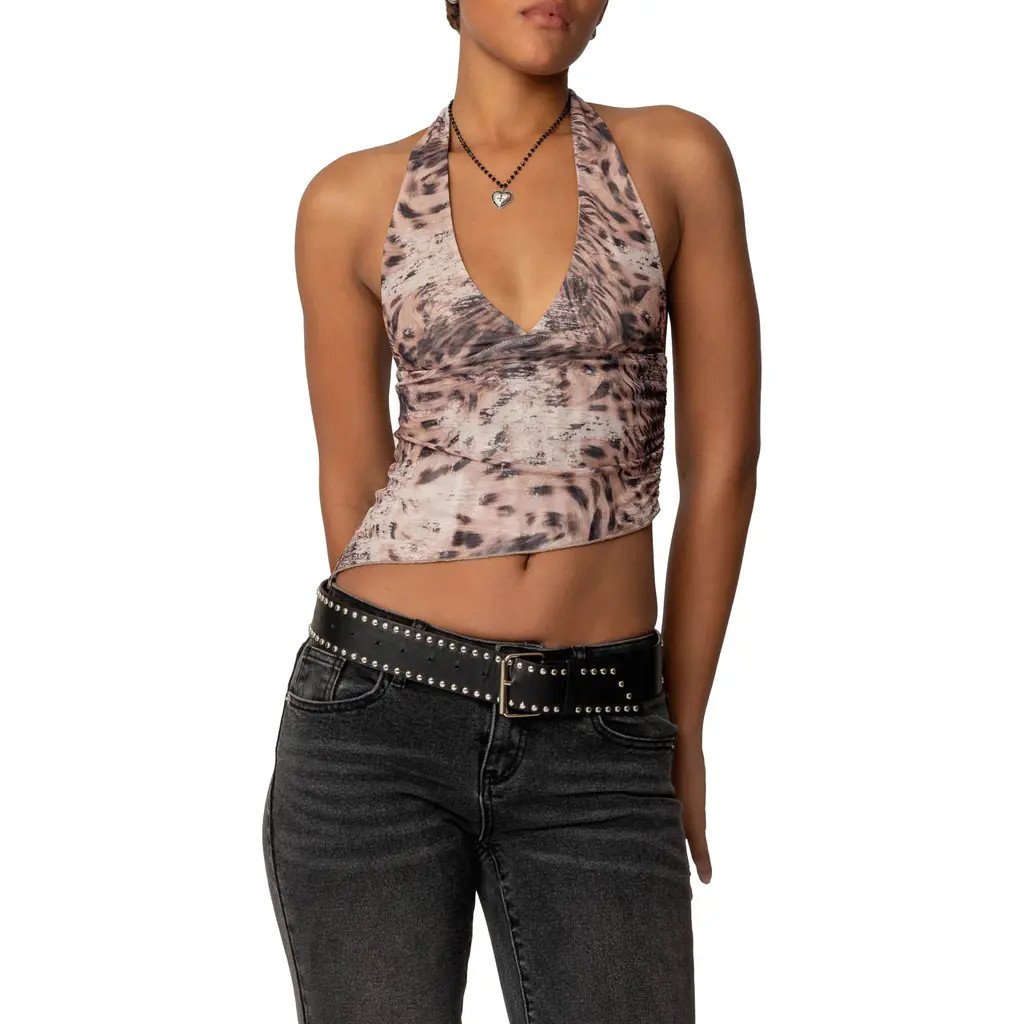 EDIKTED Leopard Print Asymmetric Mesh Halter Top at Nordstrom, Size X-Large | Nordstrom