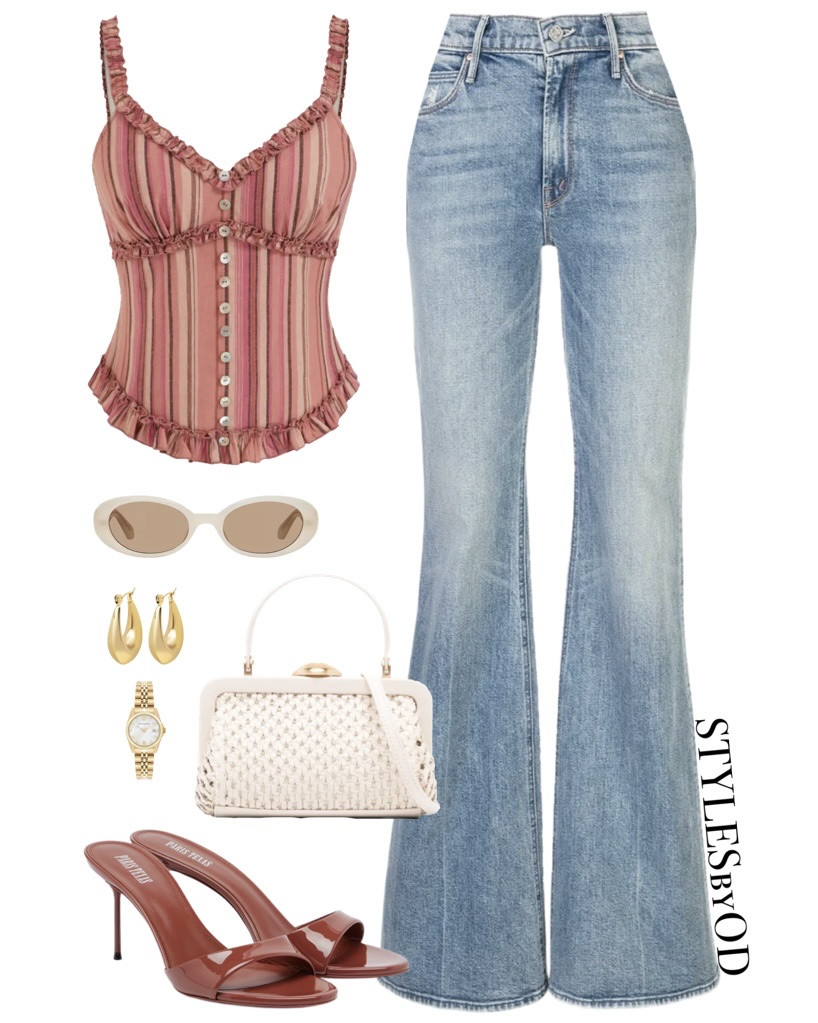 MODERN RETRO SUMMER LOOK🎠

The perfect blend of vintage vibes and modern styling! 
We are bringing back the best of the '70s with these high-waisted denim flares, paired with a modern striped corset top for a structured, elevated silhouette. The terracotta patent mules and cream oval sunnies add the ultimate nostalgic touch while keeping the look fresh, crisp, and effortless✨

#LTKsummer #LTKfashion #LTKdatenight

#LTKpartywear #LTKstyletip #LTKjeans