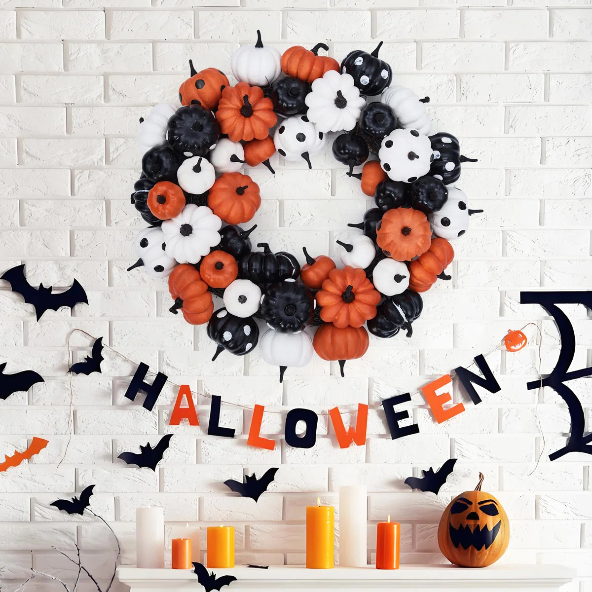 18 Inch Fall Farmhouse Halloween Wreath with Orange, Black and White Pumpkins | Wayfair North America