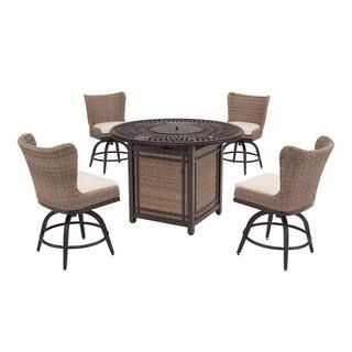 Hazelhurst 5-Piece Brown Wicker Outdoor Patio High Dining Fire Pit Seating Set with CushionGuard ... | The Home Depot