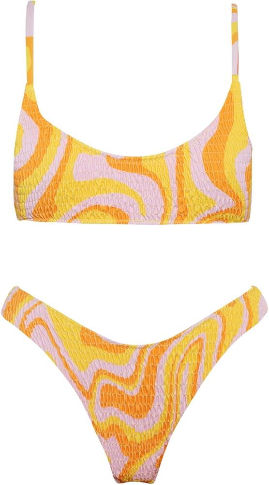 VOLAFA Women's Triangle Bikini Smocked Textured Scoop Frilled Print Ruched Elastic Swimsuit Two P... | Amazon (US)