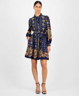 Anne Klein Women's Printed Satin Ruffle-Hem Shirt Dress - Macy's | Macy's