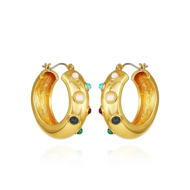 Time and Tru Women's Sculpted Gold Tone Hoops with Semi-Precious Cab Stones | Walmart (US)