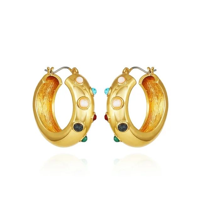 Time and Tru Women's Sculpted Gold Tone Hoops with Semi-Precious Cab Stones | Walmart (US)