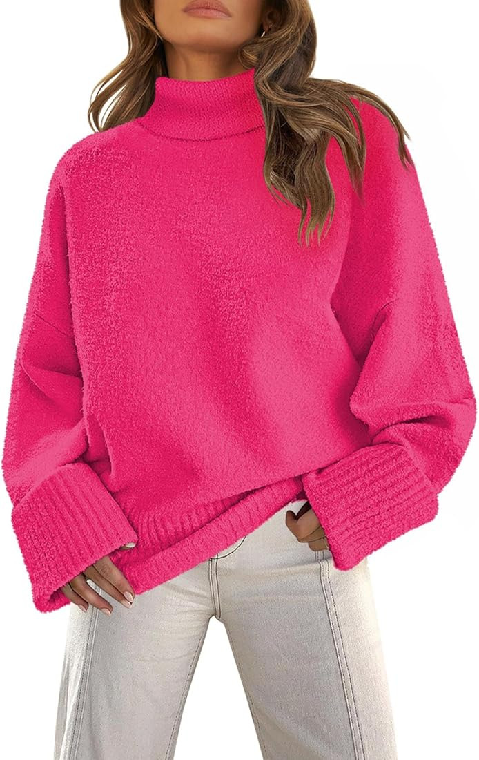 MEROKEETY Women's Turtleneck Fuzzy Knit Pullover Sweaters Long Sleeve Oversized Casual Jumper Top... | Amazon (US)