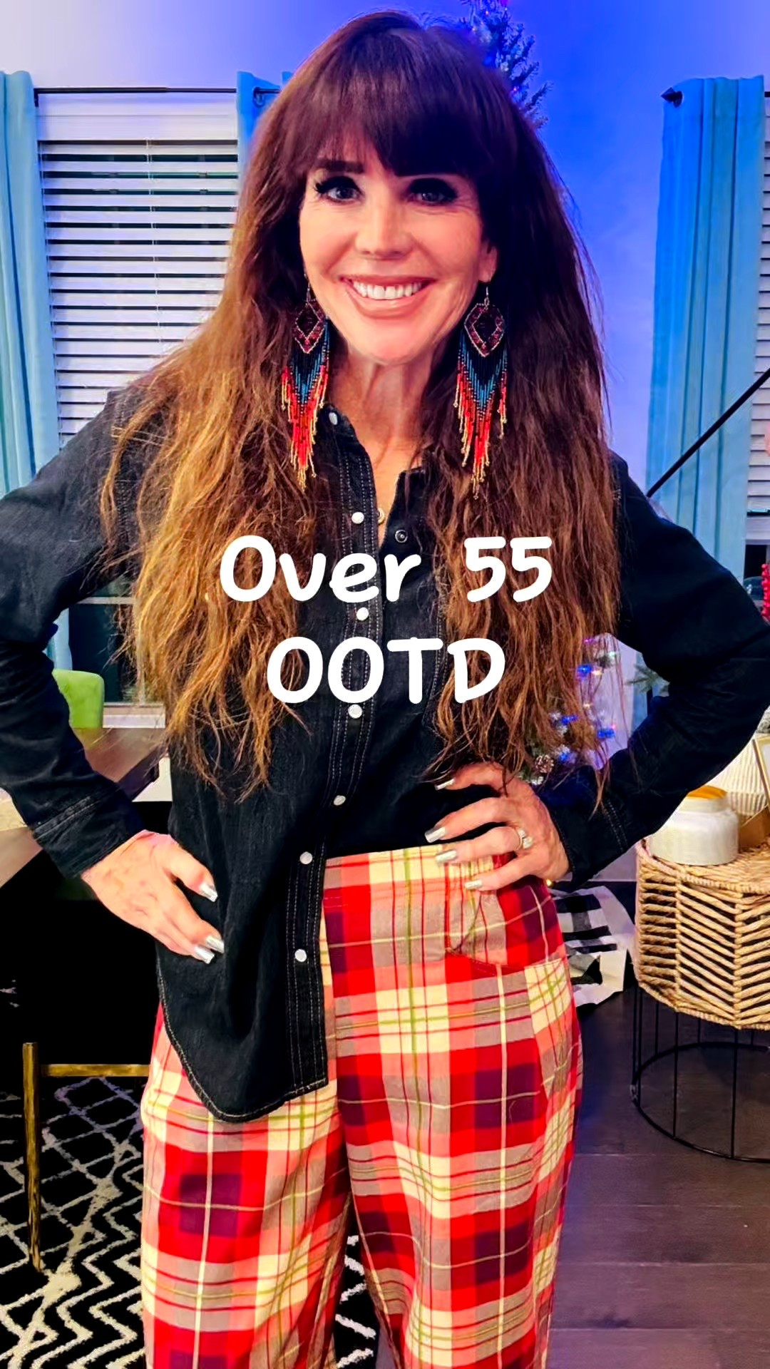 Over 55 OOTD, comfy plaid pants, dark denim and statement earrings to make it fun.  Oversized Dressed in Lala sweater, some older boots and a Target bag with stud details! 

#LTKHoliday #LTKootd #LTKOver40