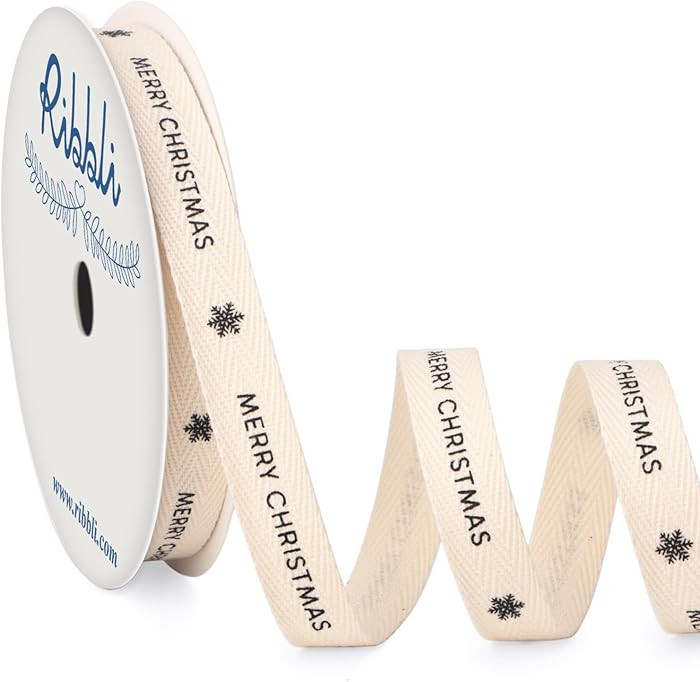 Ribbli Christmas Cotton Ribbon Natural Twill Tape Cotton with Black Merry Christmas and Snowflak ... | Amazon (US)