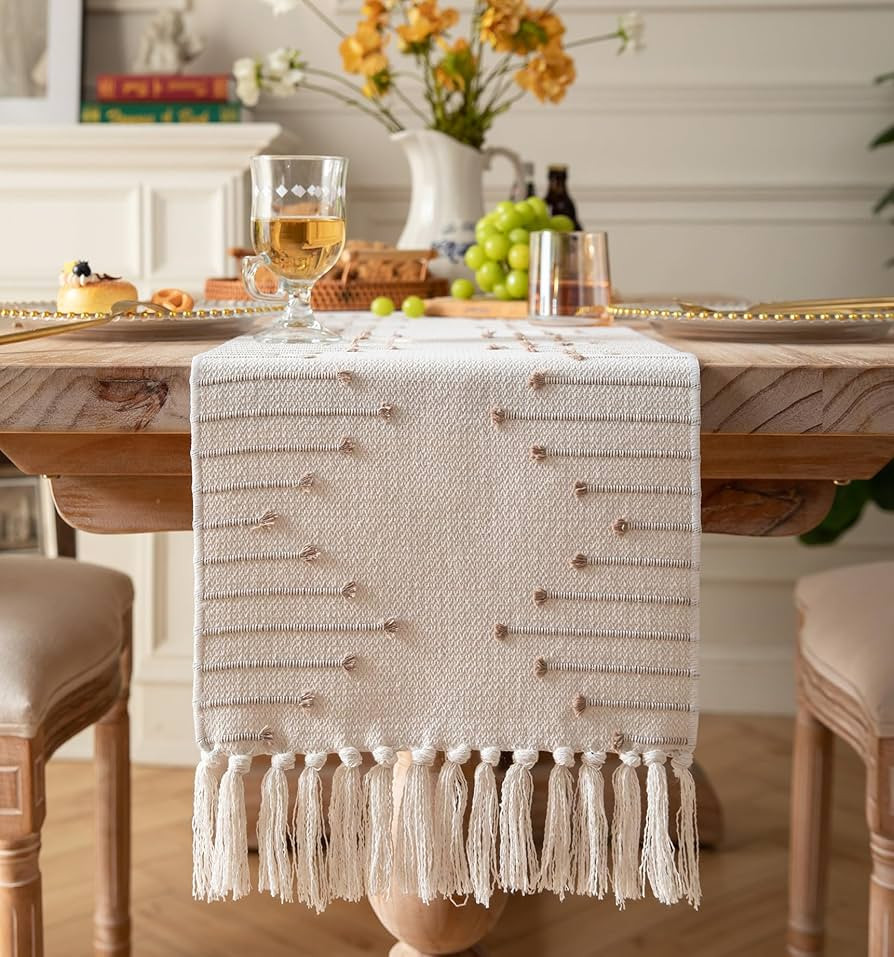Boho Table Runner 13 x 90 Inch Long Natural Cotton Woven Runner with Tassels for Home Dining Tabl... | Amazon (US)