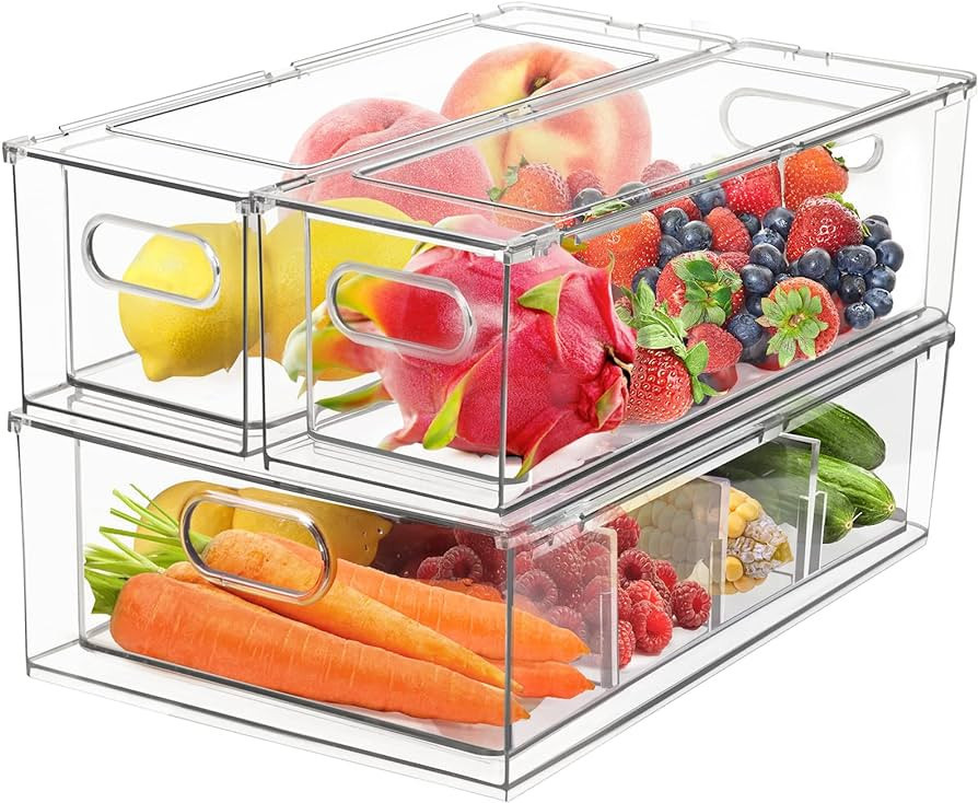 shopwithgreen 3 Pack Stackable Refrigerator Organizer Bins with Pull-out Drawer, Drawable Clear F... | Amazon (US)