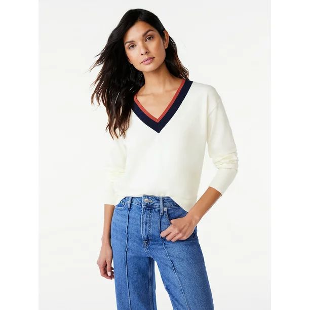 Free Assembly Women’s Contrast V-Neck Sweater with Long Sleeves, Midweight, Sizes XS-XXL - Walm... | Walmart (US)