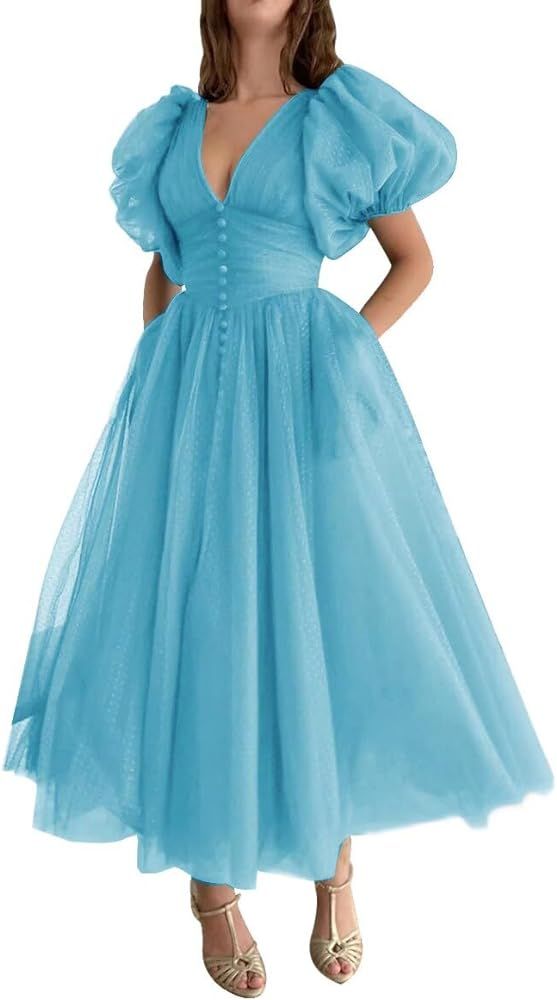 Puffy Sleeve Prom Dresses Romantic Dotted Tulle V-Neck Princess Evening Ball Gown for Women Forma... | Amazon (US)