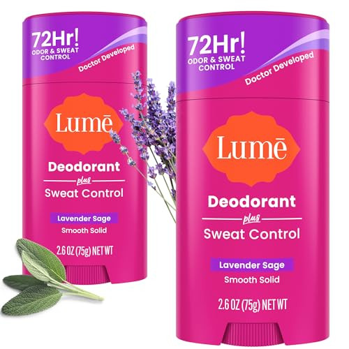 Lume Deodorant Plus Sweat Control - Smooth Solid Stick - Extra Strength Antiperspirant - 72 Hour Odor And Sweat Control - Baking Soda Free, Skin Loving - 2.6 ounce (Lavender Sage) Pack of 2 | Amazon (US)