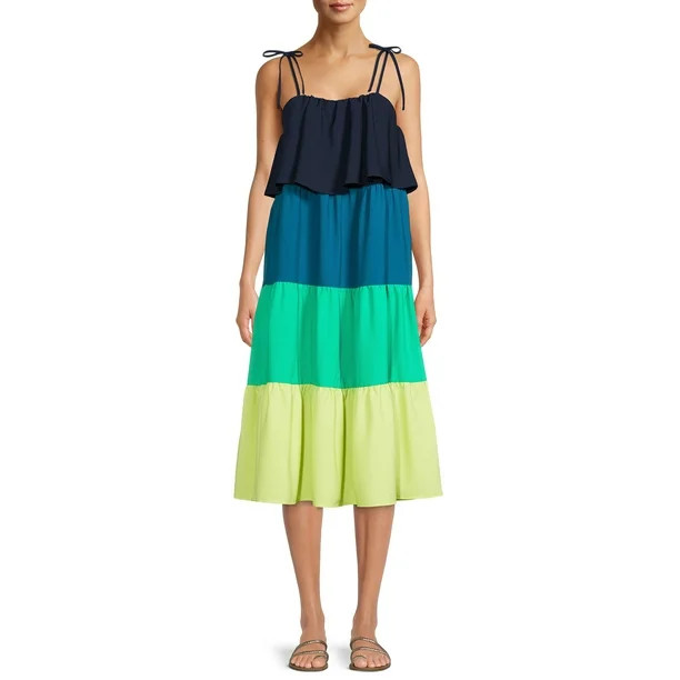 Time and Tru Women's Tie Shoulder Colorblock Midi Dress - Walmart.com | Walmart (US)