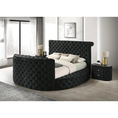 Luxurious King Size Bed Nightstand Deeply Tufted Headboard Nail Head Trim Upholstery Black Velvet Footboard Integrated Television Lift Mechanism Built | Wayfair North America