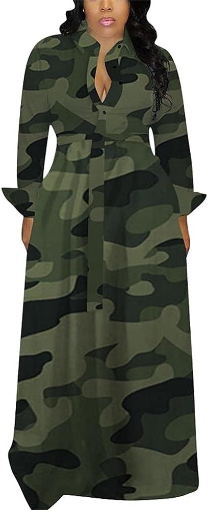 Women's Long Sleeve V Neck Long Maxi Dress Loose African Floral Print A Line Skirt Dresses Plus S... | Amazon (US)