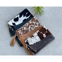 Western Cowhide Handbag - Genuine Leather Wristlet Purse Clutch in Black Brown | Etsy (US)