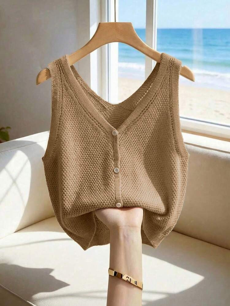 SHEIN Franclia New Summer French Casual Knit Vest, Single-Breasted Hollow Knit Texture, Soft Atmo... | SHEIN