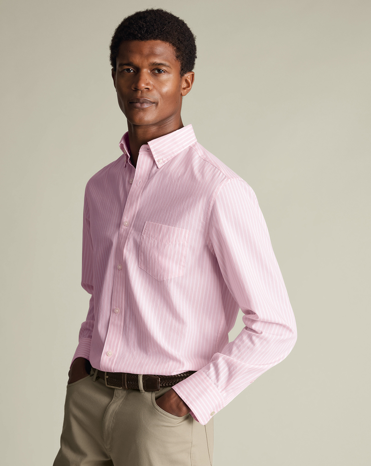 Button-Down Stretch Washed Poplin Stripe Shirt – Pink | Charles Tyrwhitt
