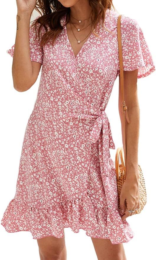 Naggoo Women's Summer Wrap V Neck Ruffle Short Sleeve Mini Floral Dress | Amazon (US)