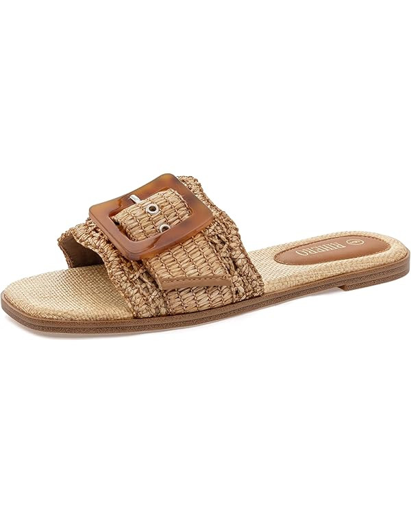Rihero Women's Raffia Flat Sandals Square Open Toe Summer Beach Slip On Woven Buckle Slide Sandal... | Amazon (US)