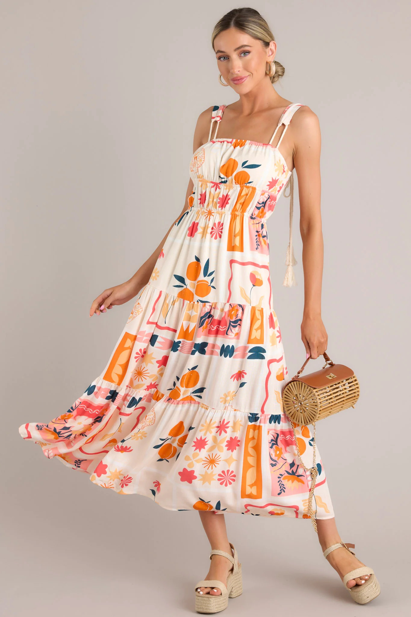 Summer Squeeze Apricot Multi Print Tiered Midi Dress | Red Dress