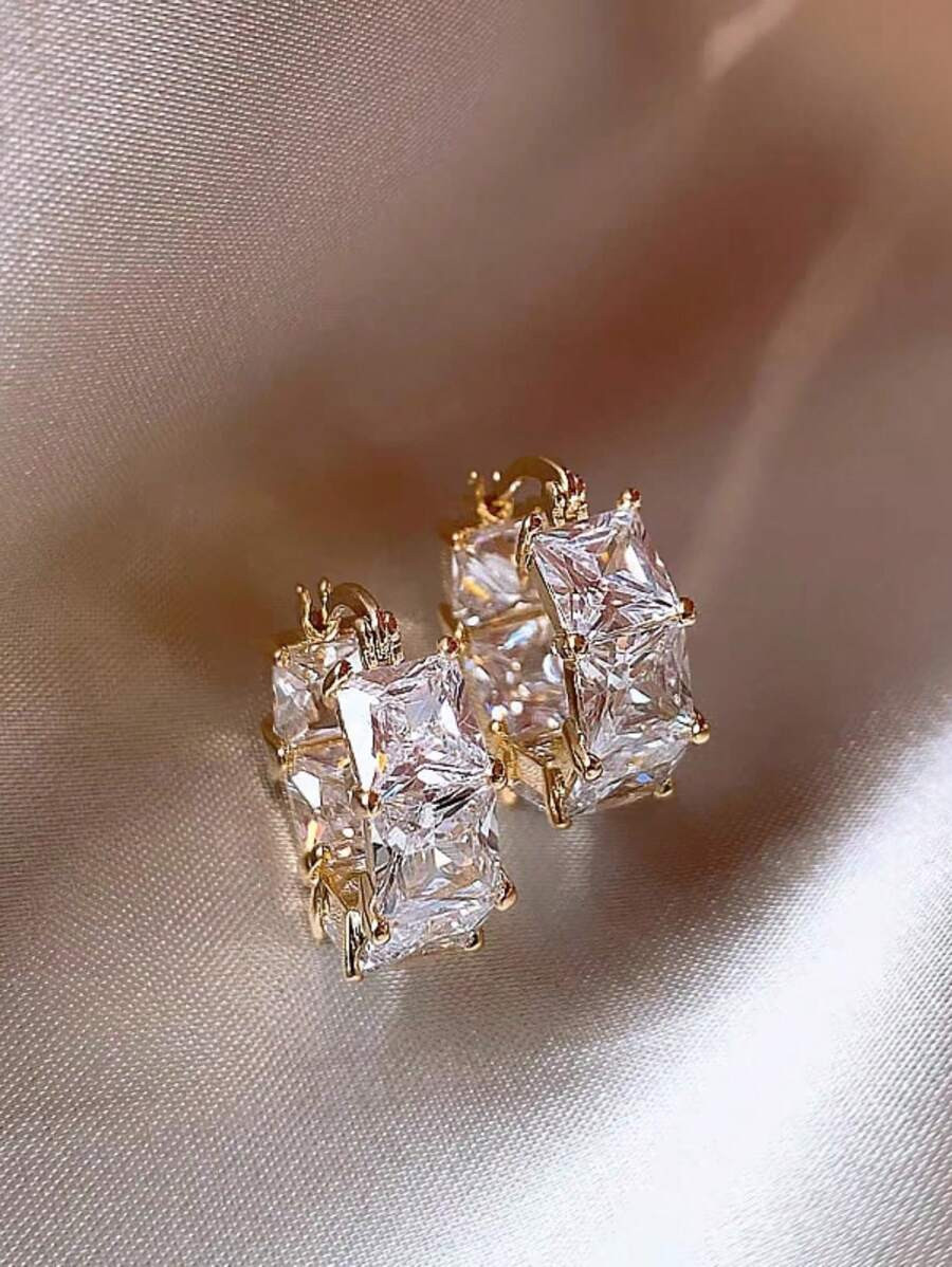 1pair Cubic Zirconia Women's Earrings, Minimalist Fashion Ear Hoops Charming Unique Design Daily ... | SHEIN