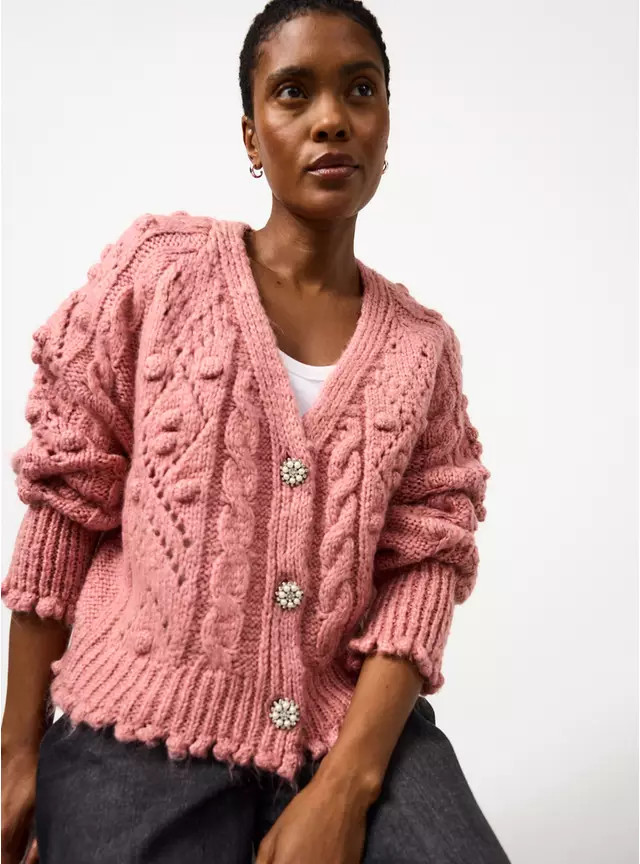 Pink Bobble Knitted Embellished Button Cardigan XS | Tu Clothing