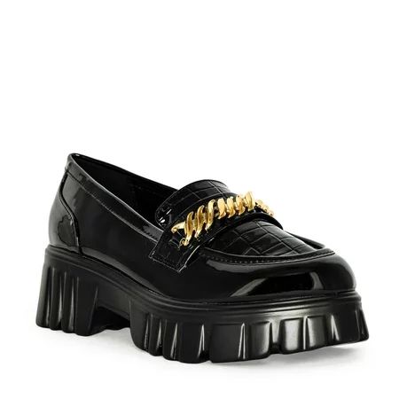 Wild Diva Women s Faux Patent Croco Leather Slip-On Chunky Lug Sole Chain Platform Loafers (Black 8) | Walmart (US)