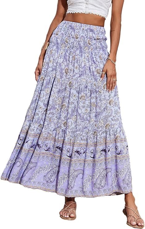 CFLONGE Women Boho Ditsy Floral Elastic High Waist Maxi Skirt Flowy A Line Pleated Chiffon Summer... | Amazon (US)
