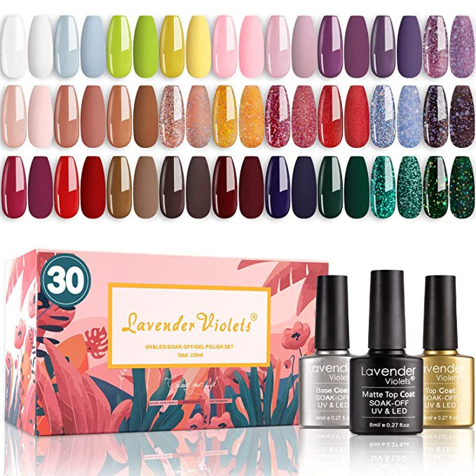 Lavender Violets Gel Nail Polish Kit 27+3 Colors Red Pink Purple and Green Soak-off UV LED Nail G... | Amazon (US)