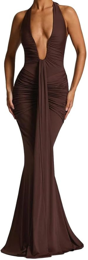 Women's Sexy Bodycon Halter Ruched Ruffles Dress,Deep V Neck for Nightclub Party | Amazon (US)