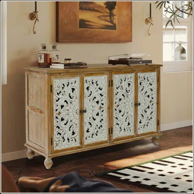 Accent Cabinet With 4 Doors, Farmhouse Sideboard Buffet Cabinet With Storage, Modern Credenza Storage Cabinet With Wood Carved Floral Doors For Living | Wayfair North America