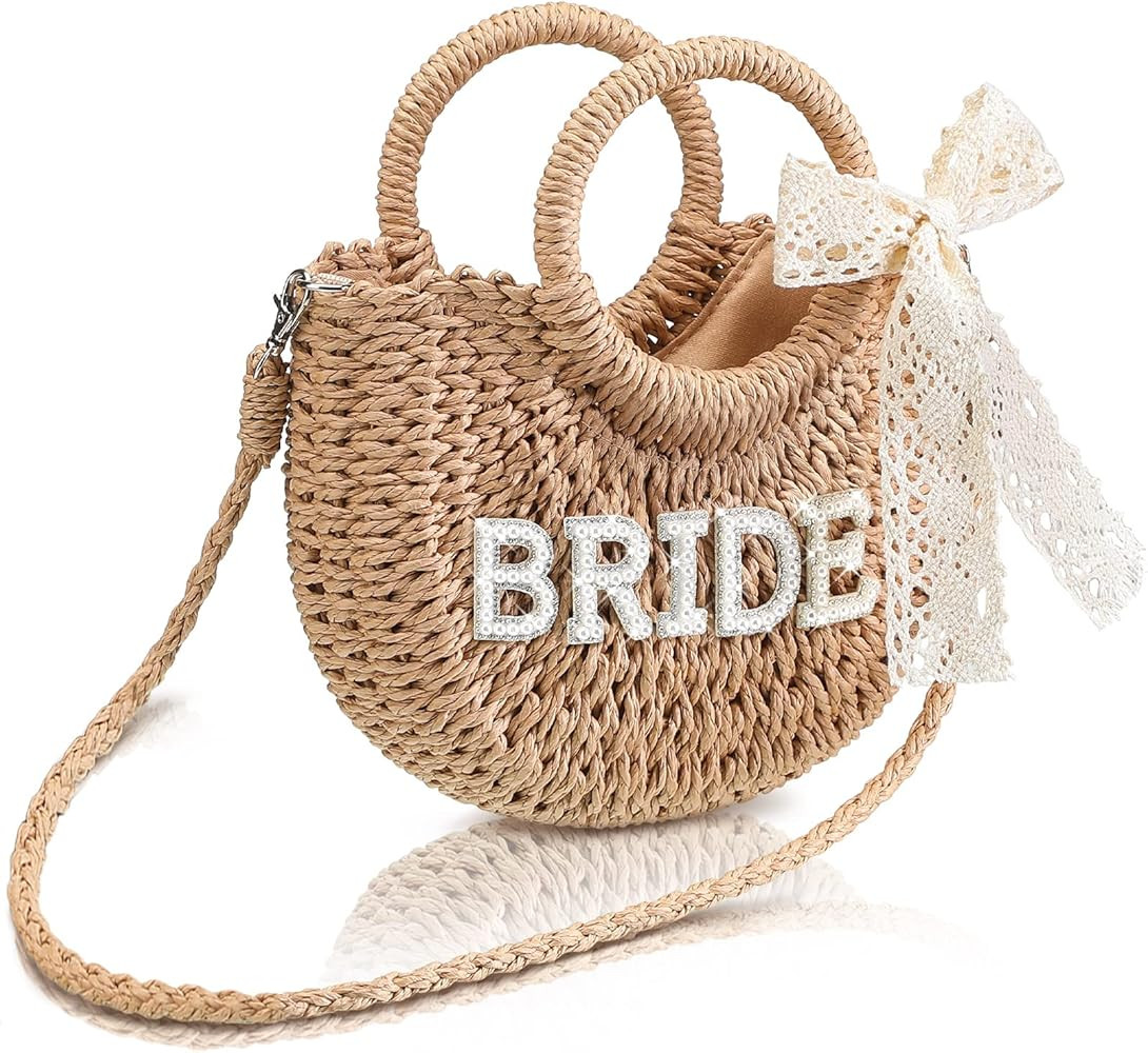Pinkunn Bride Gift Bride Straw Purse Mrs Handwoven Bag Rhinestone Letter Bag Bachelorette Honeymo... | Amazon (US)