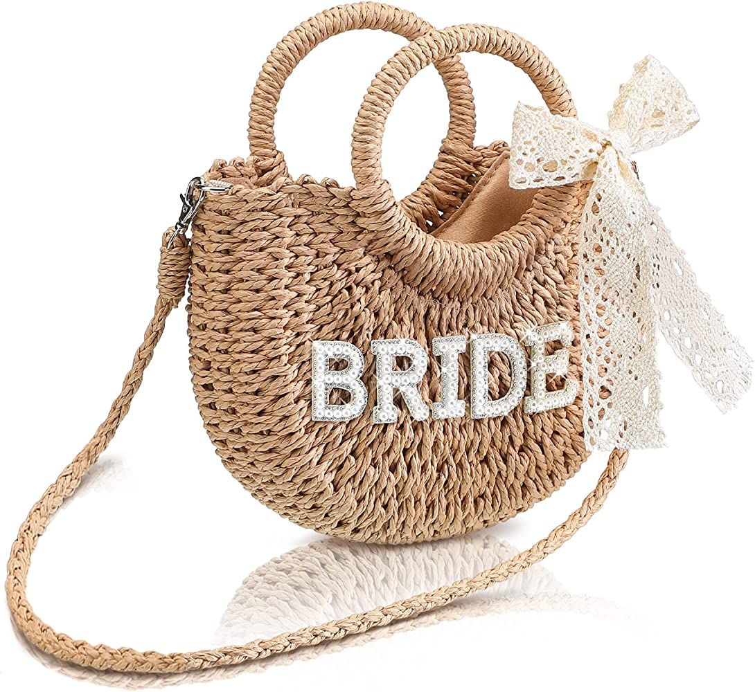 Bride Straw Purse Handwoven Bag Rhinestone Letter Patches Bag Bachelorette Party Honeymoon Weddin... | Amazon (US)