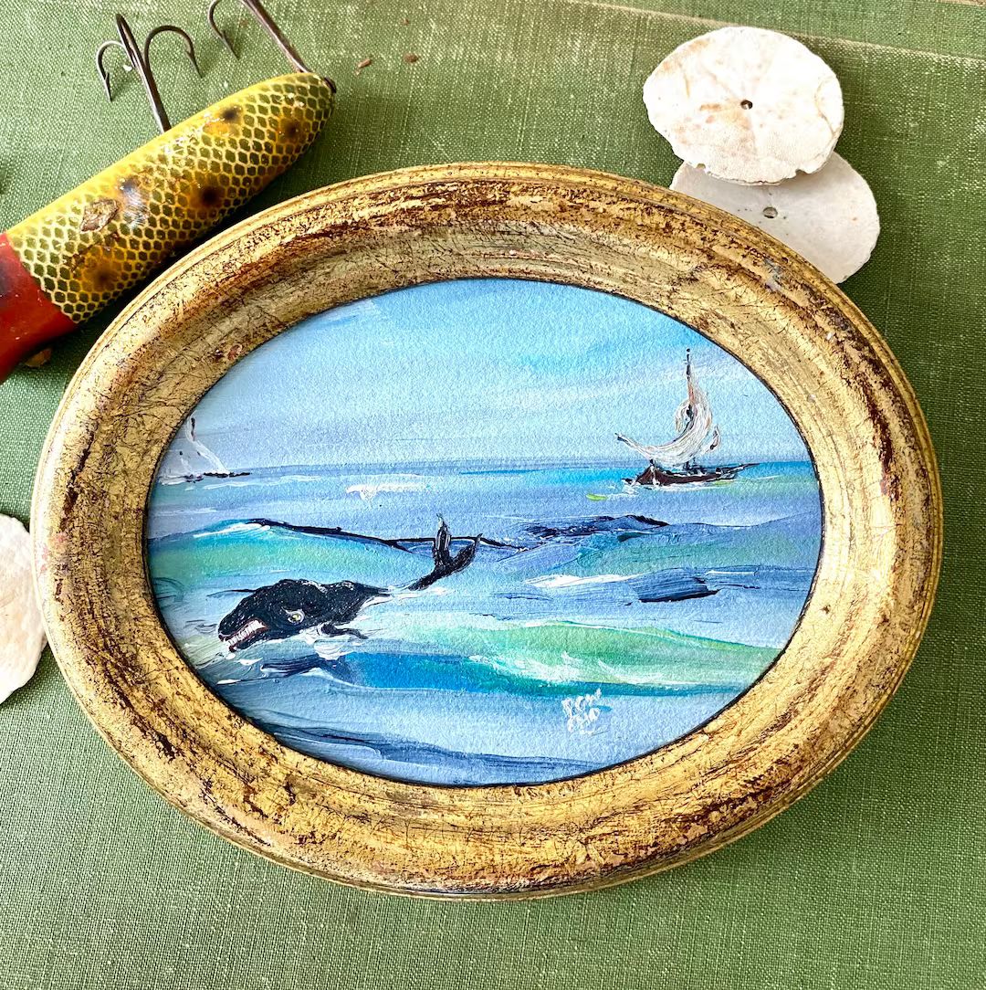Original Oil Seascape Painting with Sailboats and Whale, framed in Vintage Italian Gold oval Wood... | Etsy (US)
