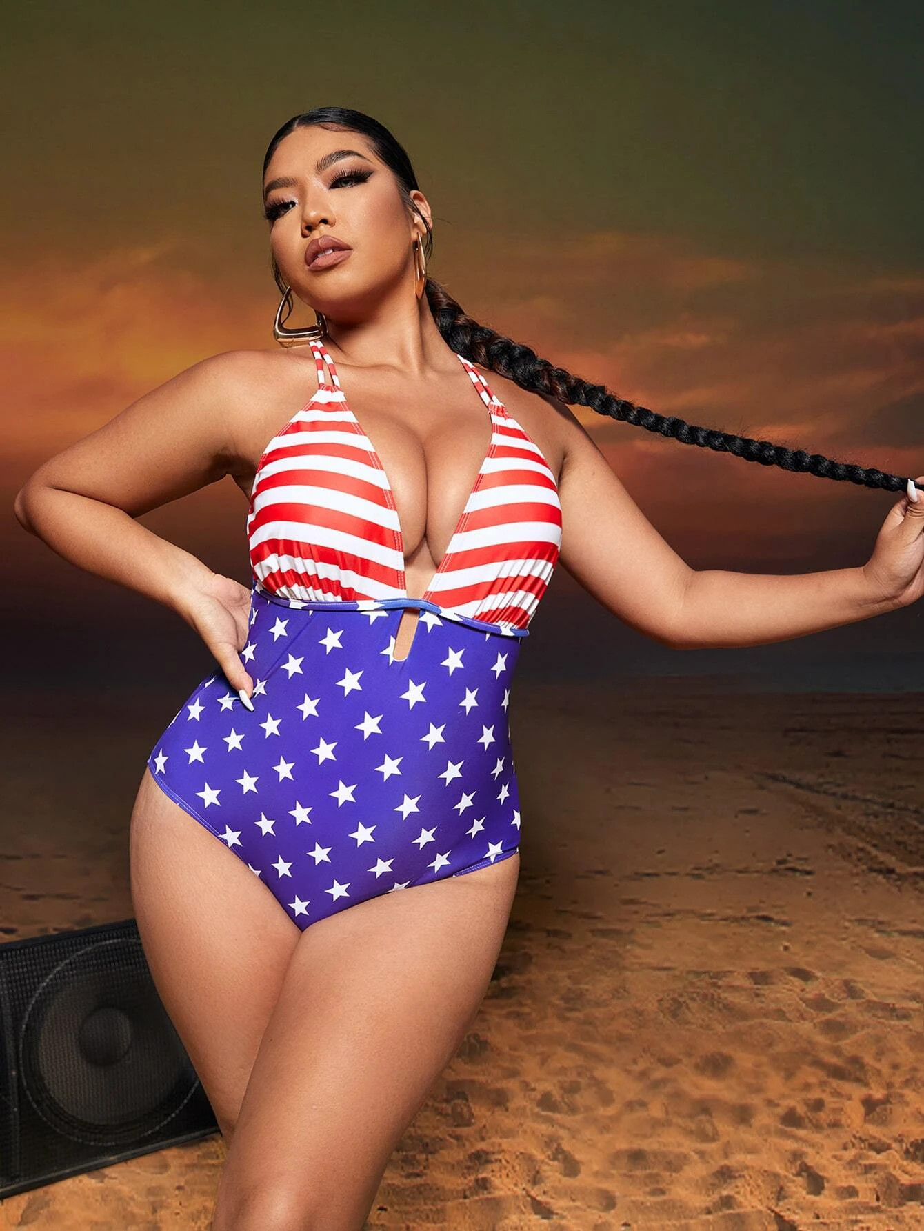 Plus Americana Print Crisscross Backless Plunging Neck One Piece Swimsuit
   SKU: sf2205174222964... | SHEIN