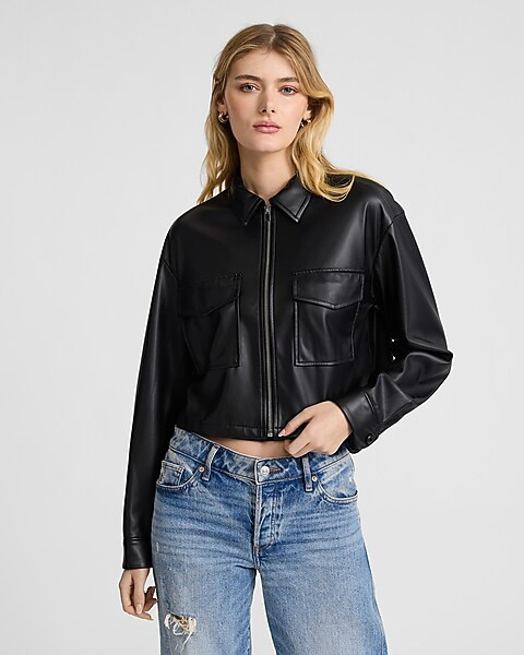 Faux Leather Zip Front Cropped Shacket | Express