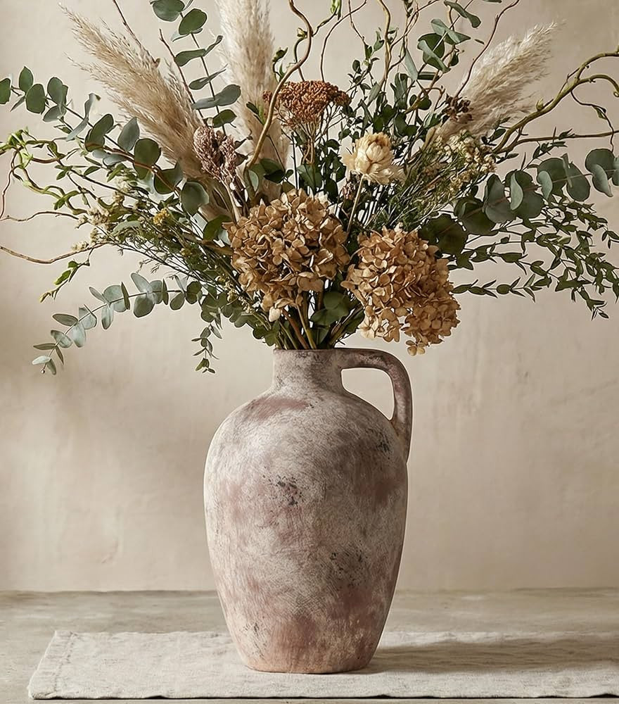 Ceramic Flower Vase with Handles,10" Neutral Tall Clay Terracotta Vases Farmhouse Table Vases wit... | Amazon (US)