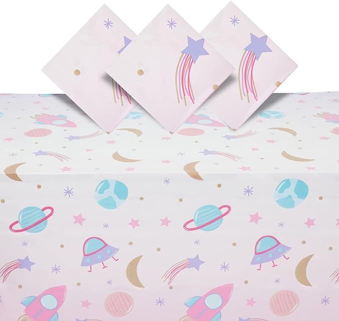 BLUE PANDA 3 Pack Pink Plastic Space Table Cover for Girls Outer Space Birthday Party Supplies (5... | Amazon (US)