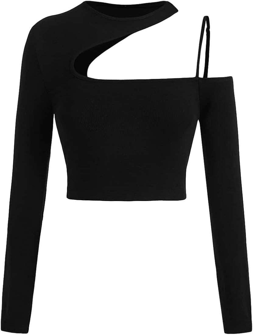 Women's Long Sleeve Cut Out Asymmetrical Neck Slim Fitted Crop Top Tee Shirts | Amazon (US)