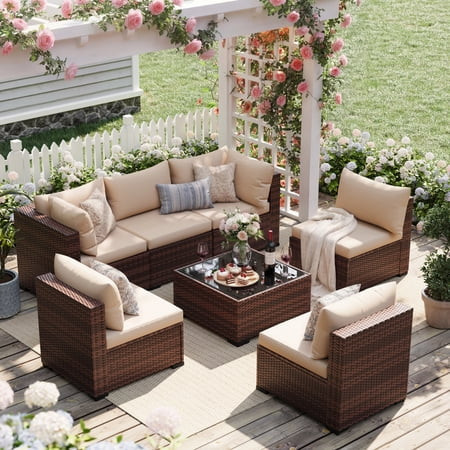 UDPATIO 7-Piece Rattan Outdoor Conversation Sets with Coffee Table and Sofa, Khaki | Walmart (US)