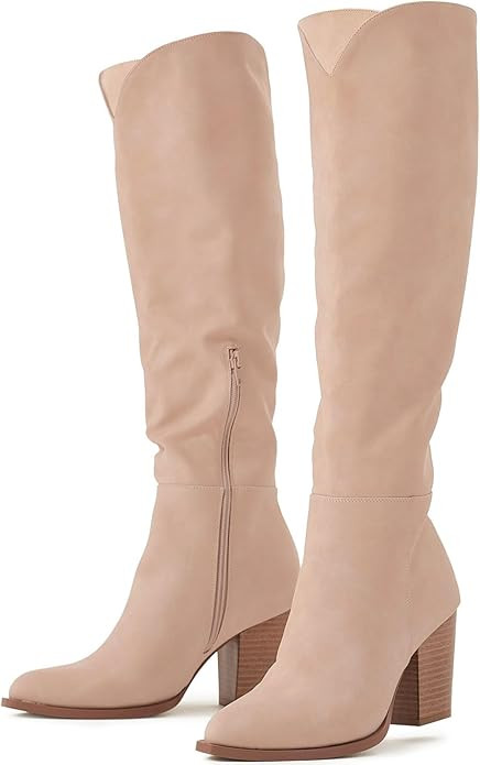 Putu Women's Knee High Boots High Heel Western Boots Pointed Toe Tall Boots Faux Leather | Amazon (US)