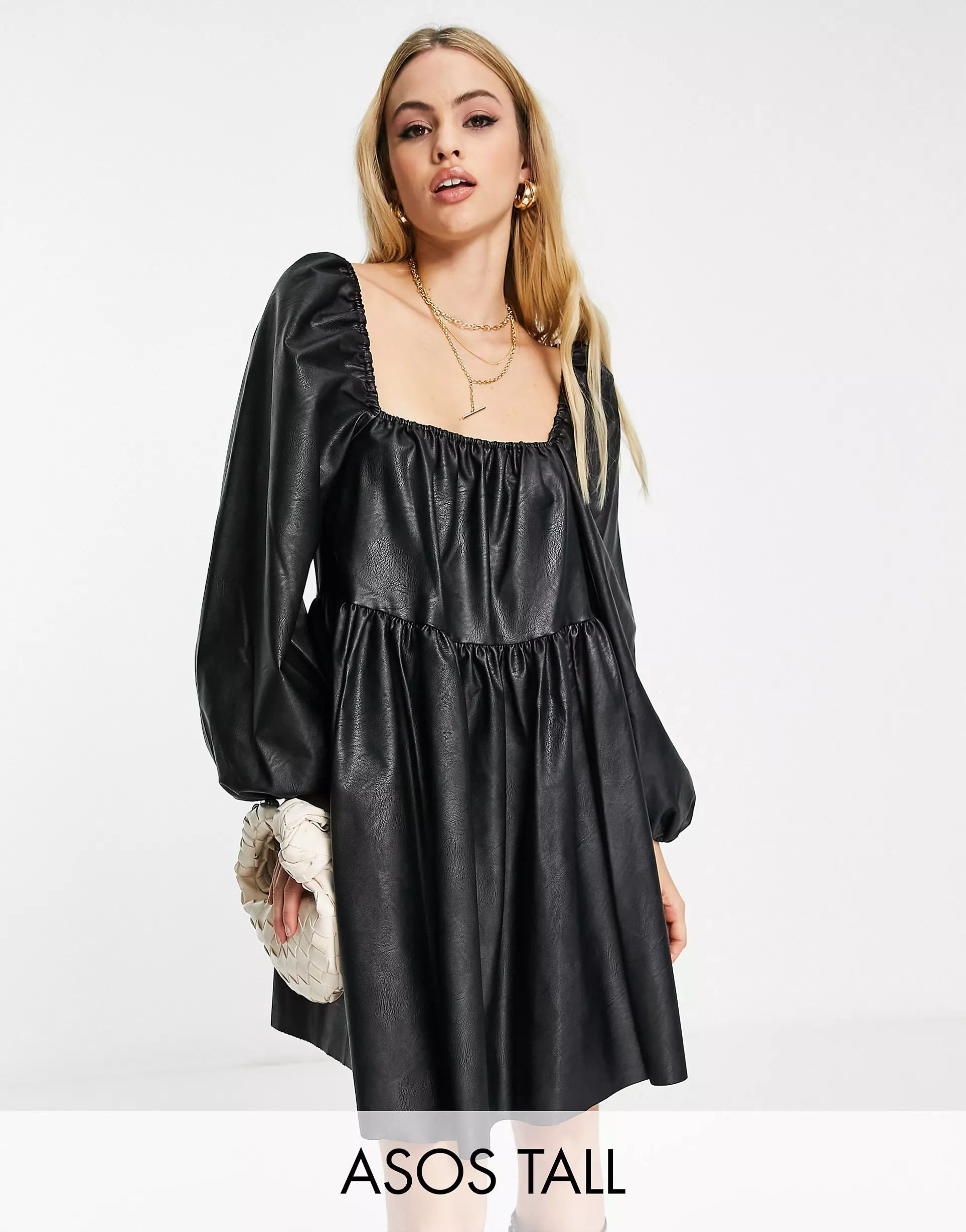 ASOS DESIGN Tall tiered PU mini smock dress with blouson sleeve in black | ASOS (Global)