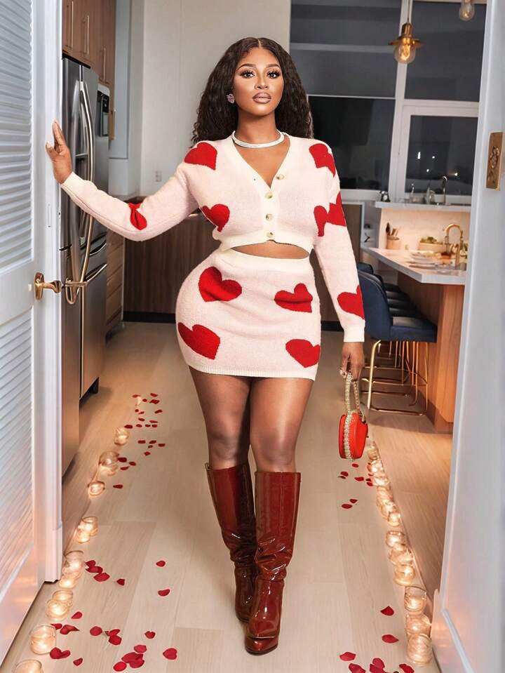 BamGleam Women's Sweater Set Valentine's Day Love Kiss Red Heart-Shaped Cupid Heart Contrasting B... | SHEIN