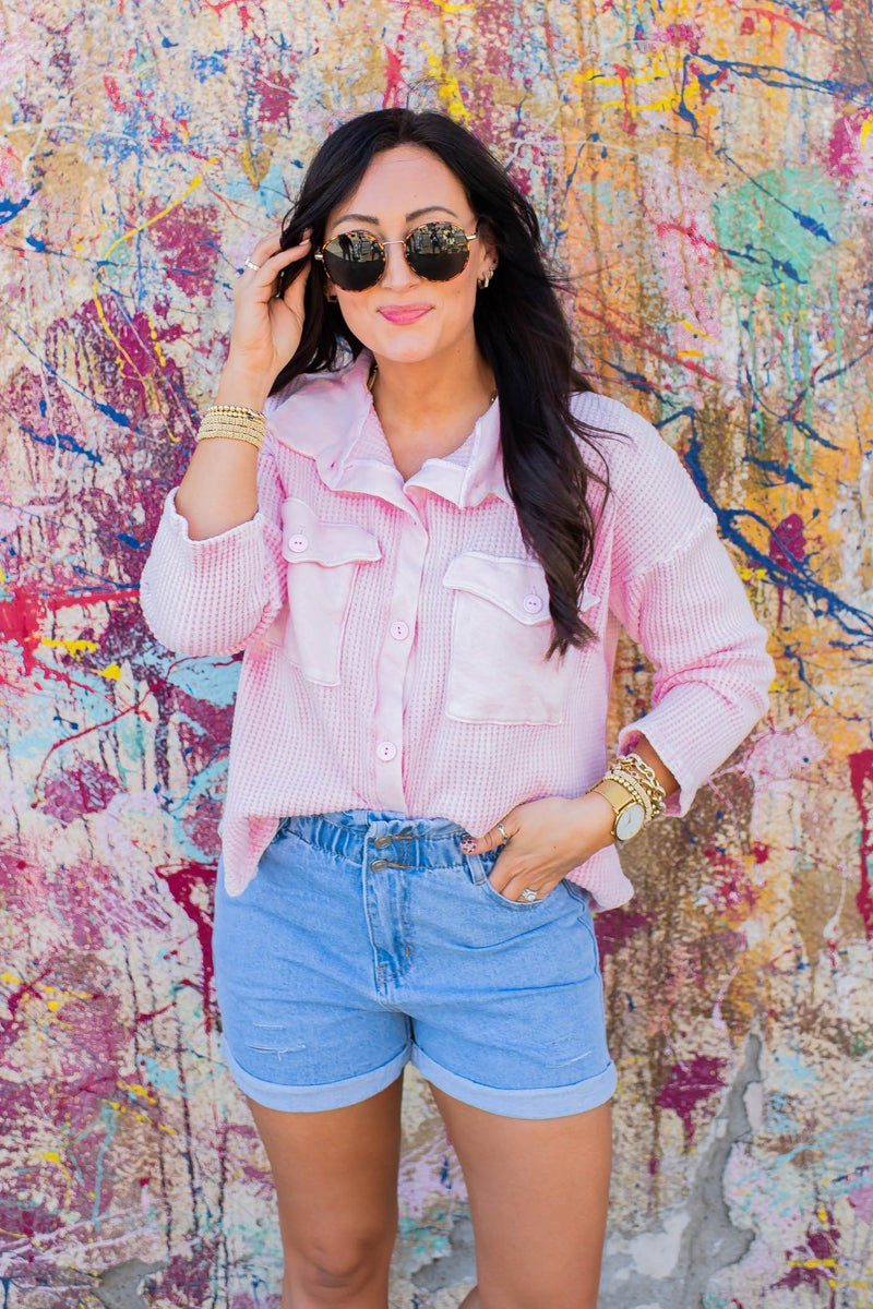 The Soho Vintage Waffle Knit Pink Shacket | Apricot Lane Boutique