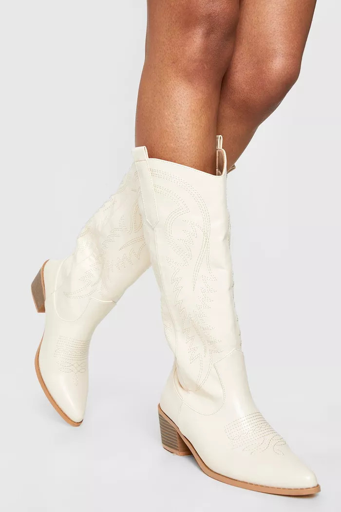 Calf Detail Embroidered Western Cowboy Boots | Boohoo.com (US & CA)